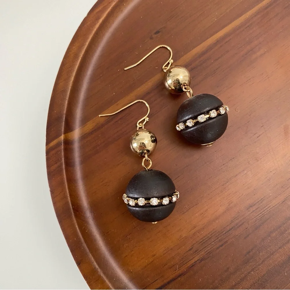4/$15 Gold Ball Wooden Drop Rhinestones Detail Dangly Earrings